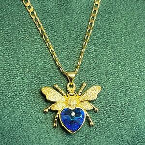 Gold Bee Pendant Necklace with Blue Heart and Crystal Accents 18”
